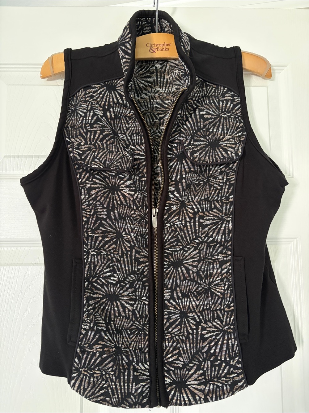 Christopher & Banks Black Floral-Pattern Zip Front Sleeveless Vest